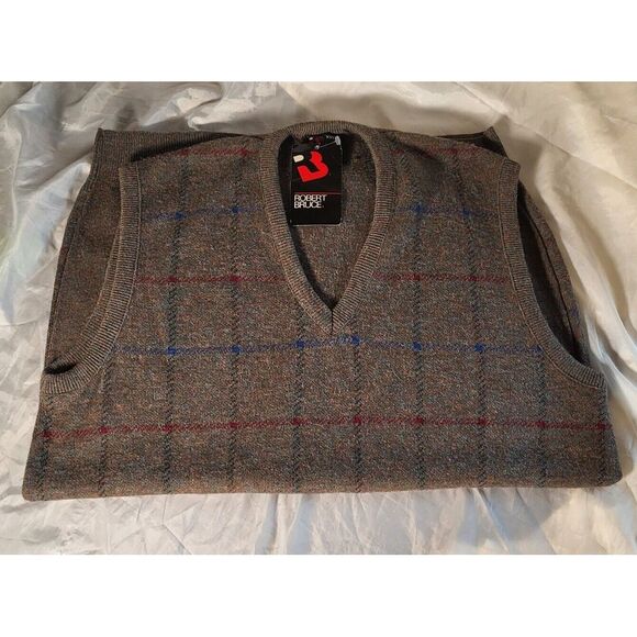 VTG Sweater Vest Grandpa Core Robert Bruce 2XL V Neck USA Brown Nerd Plaid New - Picture 9 of 10